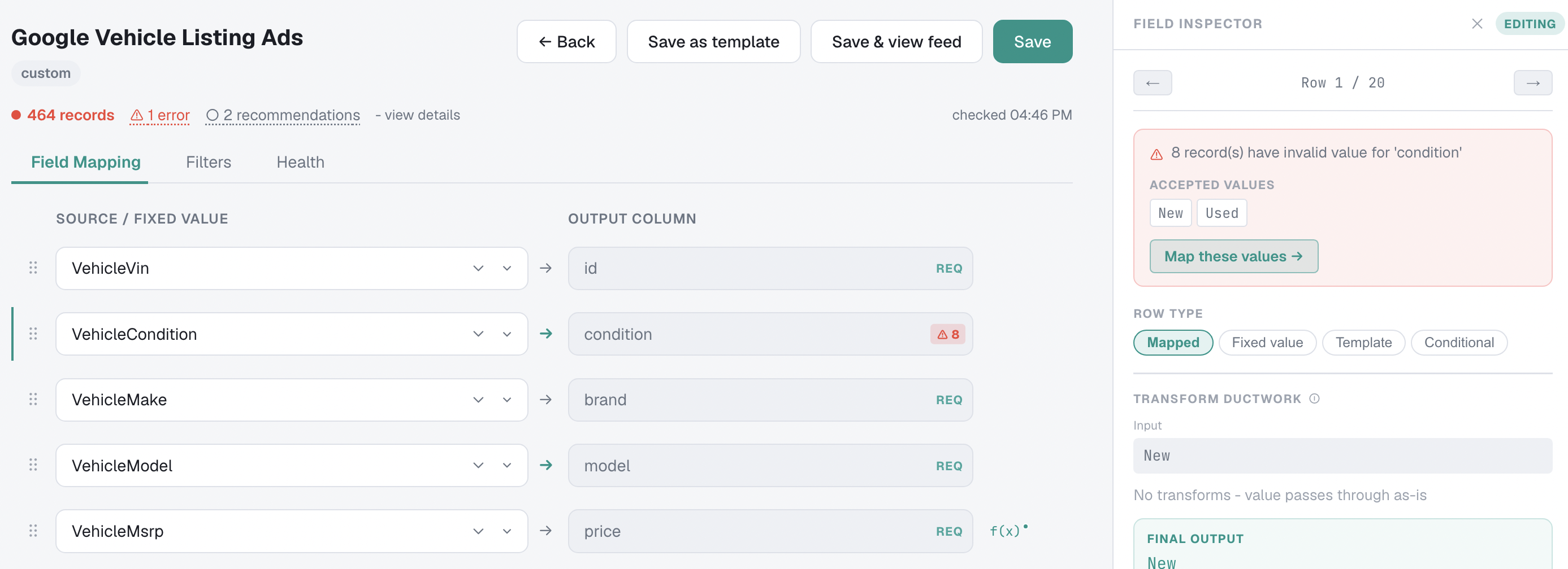 Feed health check flagging a vehicle field issue with affected record counts