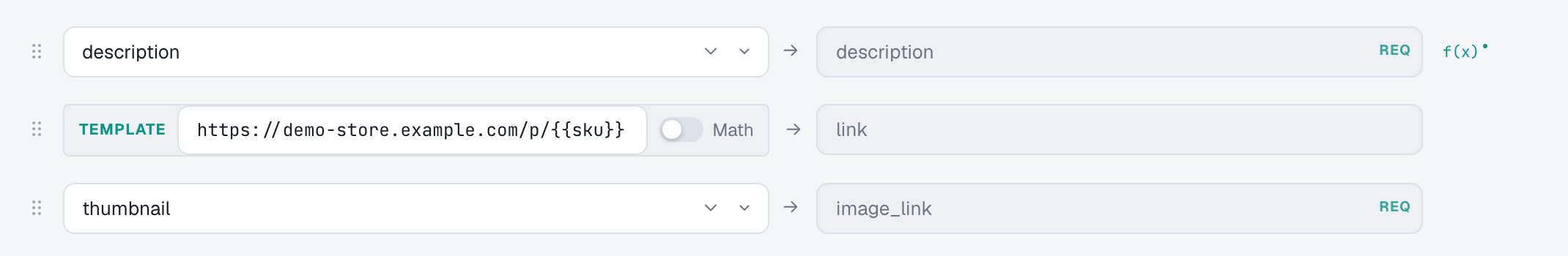 A template field composing the link column from a hardcoded base URL and the SKU token