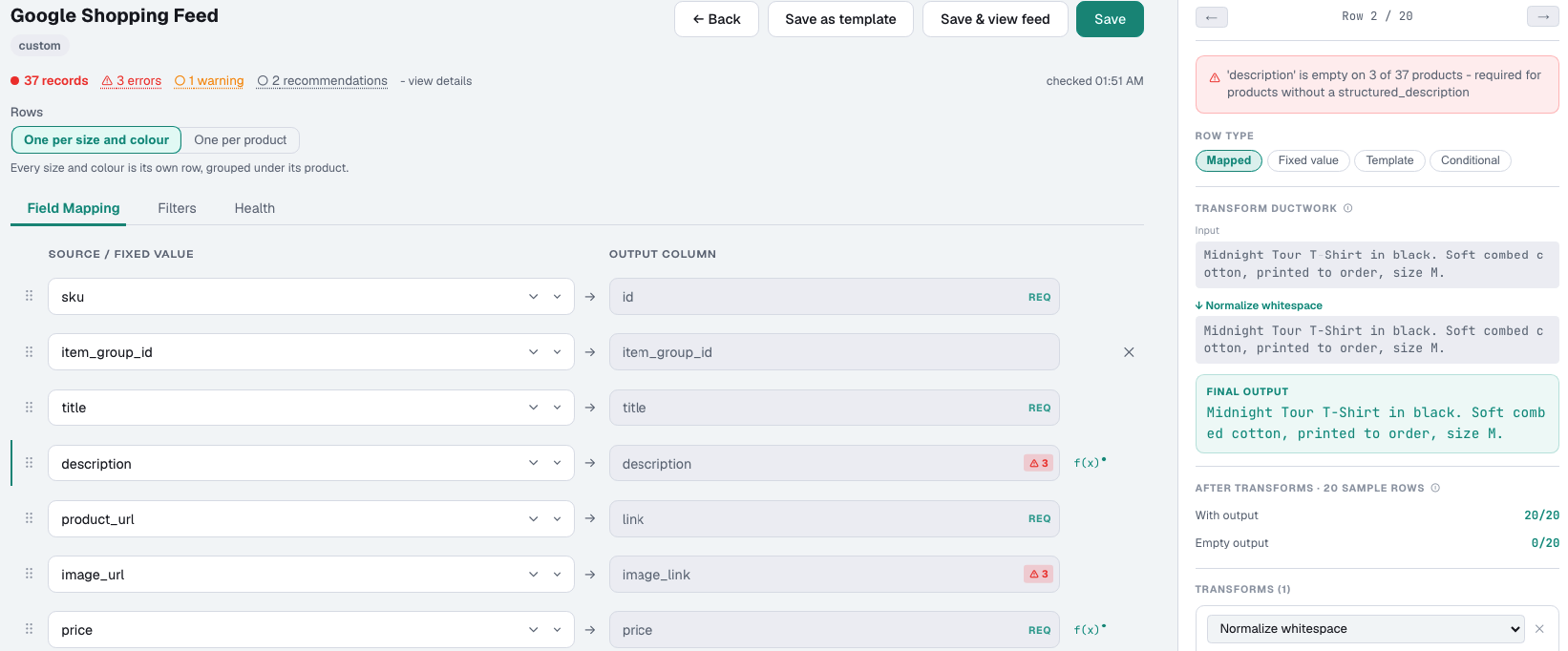 Feed health check flagging a product field issue with affected record counts