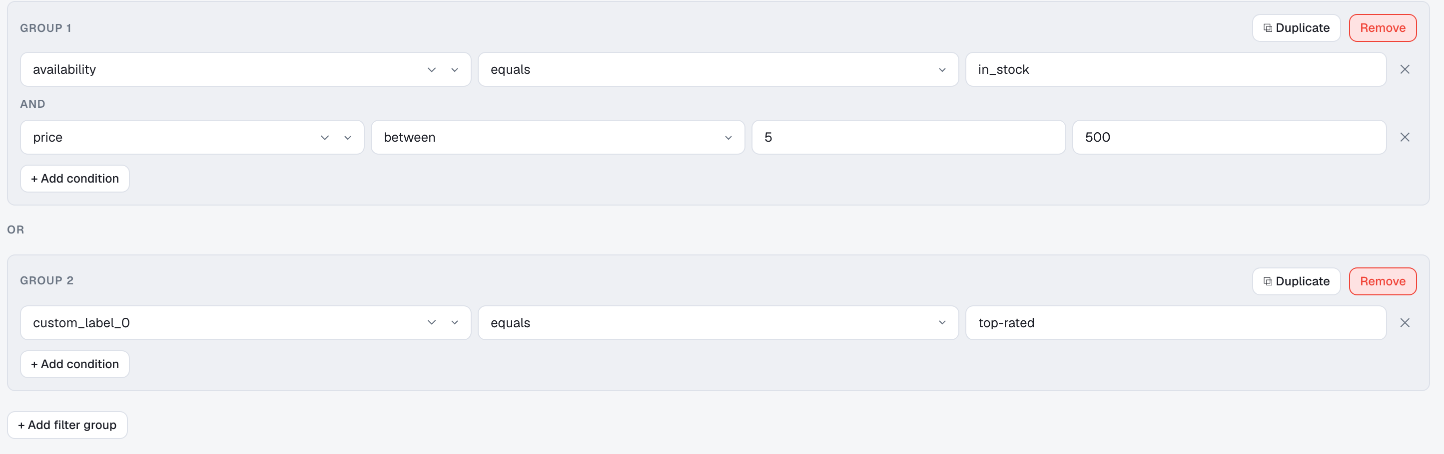 Filter builder with two OR-ed groups of AND conditions