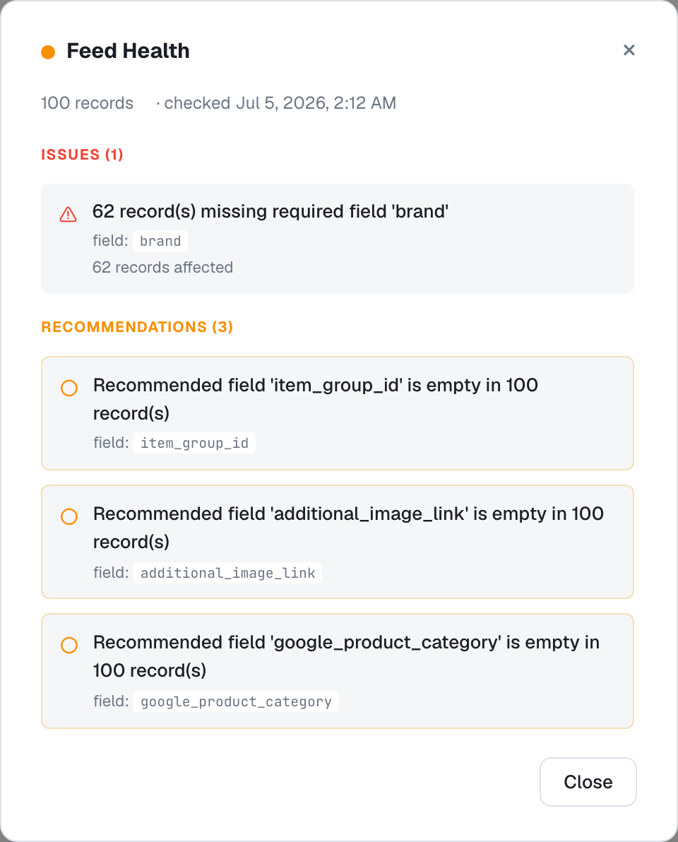 Feed Health report naming the field, counting affected records and listing the accepted values