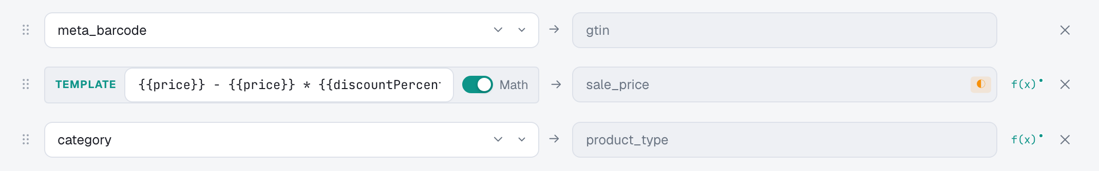 A template field computing sale_price from price minus price times discount, Math mode on