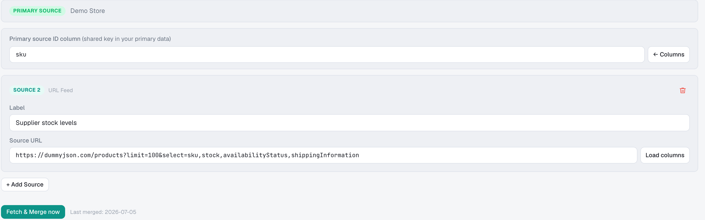 Feed Mixer joining a primary catalog with a supplier stock feed on the sku column