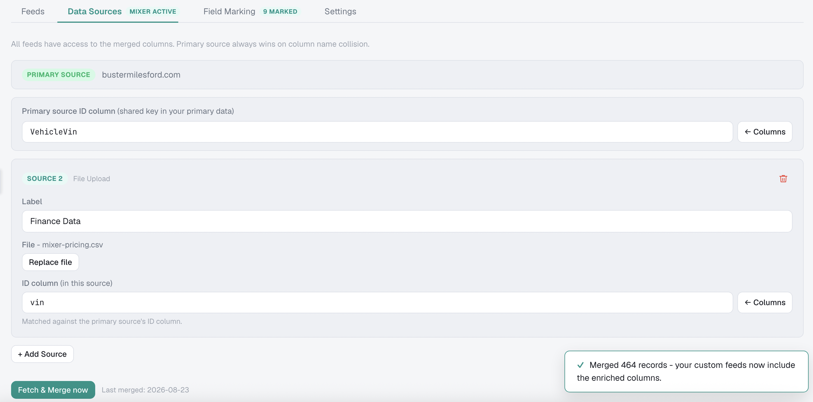 Feed Mixer join configuration, two sources matched on a shared key