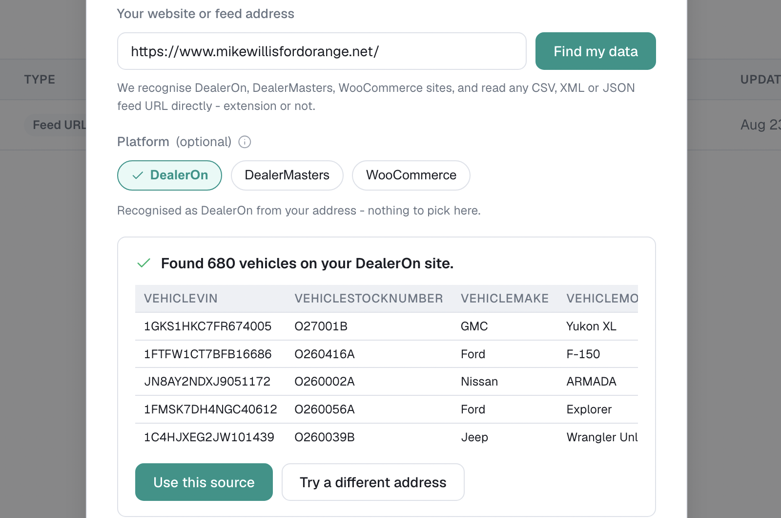 Ducted resolving a pasted dealership address into a product source, showing the record count and a preview of the found records