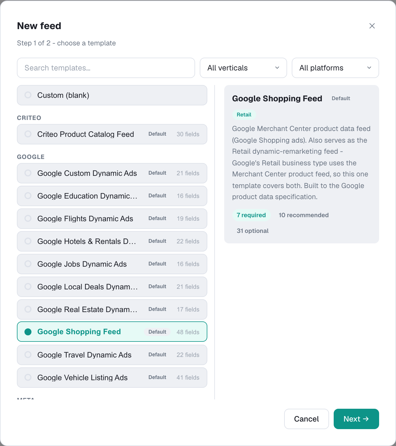 New feed dialog with the template picker open and the Google Shopping Feed template selected