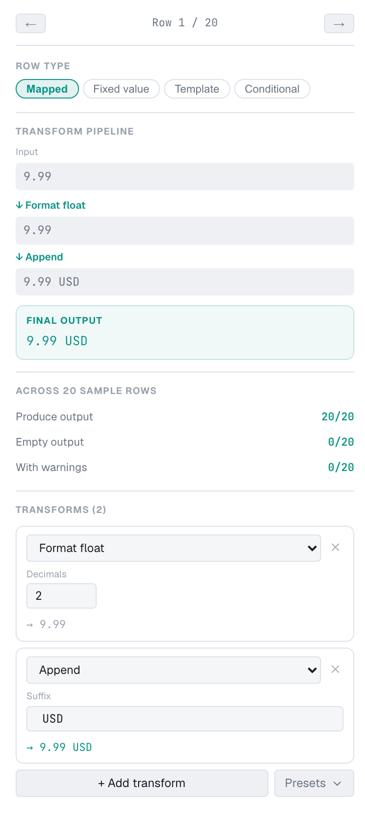 Field inspector showing a transform pipeline: a value passed through format and append steps