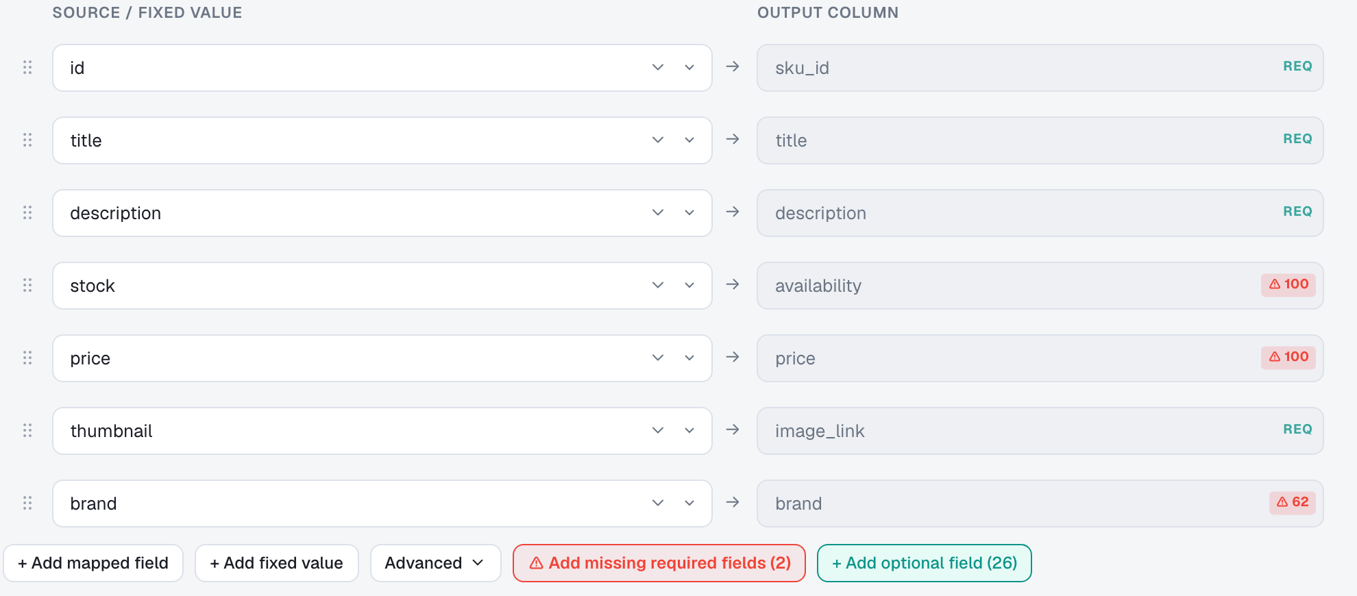 The feed editor after AutoMap, source columns pre-filled against the template fields