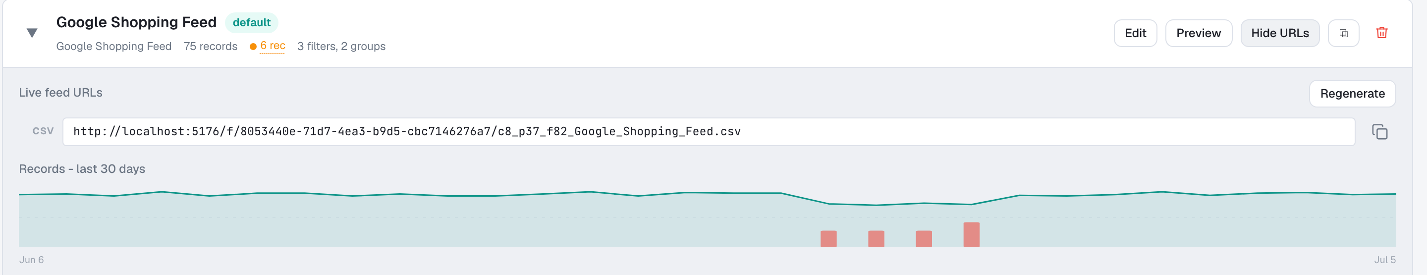 A feed's permanent live URLs in CSV, JSON, and XML formats
